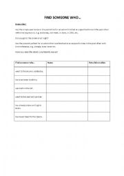 English Worksheet: Find someone who (Present Perfect vs. Simple Past)