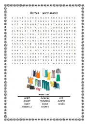 English Worksheet: Clothes Wordsearch