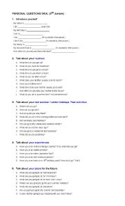English Worksheet: questions oral exam