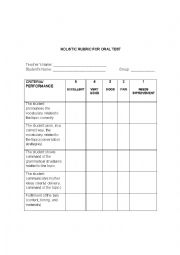 English Worksheet: Holistic Rubrics for Oral Test