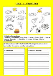 English Worksheet: I like- I dont like and food