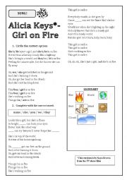 English Worksheet: Girl on Fire (Alicia Keys) song activity