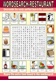 English Worksheet: Restaurant Wordsearch