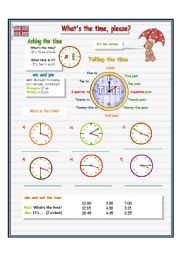 English Worksheet: Whats the time, please? ( 2 pages, fully editable)