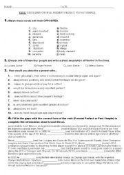English Worksheet: Test on Personality Vocabulary and Revision of tenses