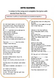 English Worksheet: hotel california ( eagles) gap filling activity