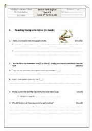 English Worksheet: 9th grade Test (2nd Term)