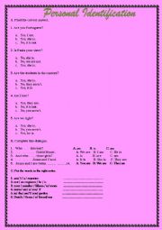 Worksheet about Personal Identification