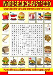 English Worksheet: Fast food Wordsearch