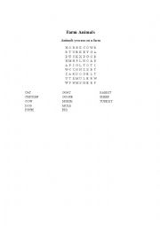 English Worksheet: Farm Animals Word Search