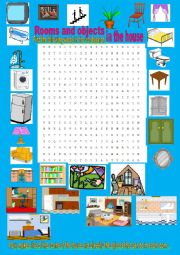 English Worksheet: Wordsearch rooms and objects in the house. 