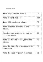English Worksheet: Jeopardy cards