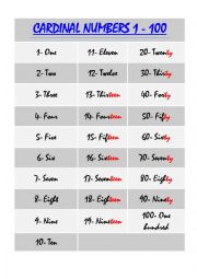 English Worksheet: Cardinal List and Ordinal List