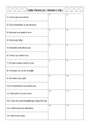 English Worksheet: Valentines Day : useful phrases (complete with pictures)