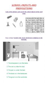 English Worksheet: school objects and prepositions