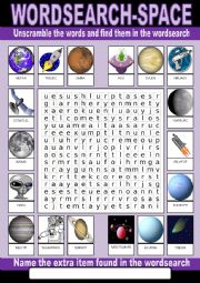 English Worksheet: Space Wordsearch