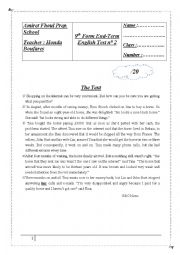 English Worksheet: 9th Form End Term Test n 2 