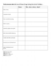 English Worksheet: Find someone who/back to school activity/1st class after vacation