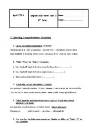 English Worksheet: mid term test 3 8th form