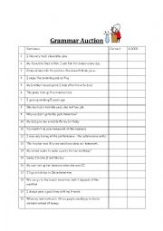 English Worksheet: Intermediate (PET EXAM, FCE EXAM) Grammar Auction