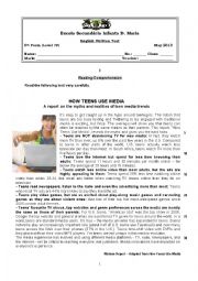 English Worksheet: Written Test - 8th grade (The Media)