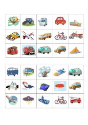 English Worksheet: means of transport bingo cards