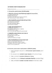 English Worksheet: WUTHERING HEIGHTS READING TEST WITH ANSWERS