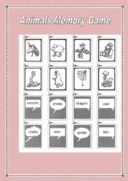 English Worksheet: Animals memory game