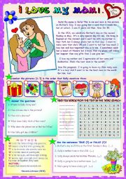 English Worksheet: I LOVE MY MOM! (Reading comprehension activities + word search + poem)