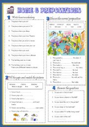 English Worksheet: HOME & PREPOSITIONS 1/3 (key included)
