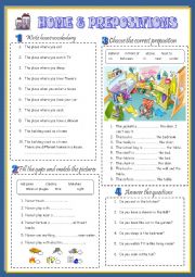 English Worksheet: HOME & PREPOSITIONS 1/3 (key included)