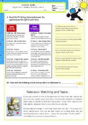 English Worksheet: Television watching and teens - Reading/Writing test