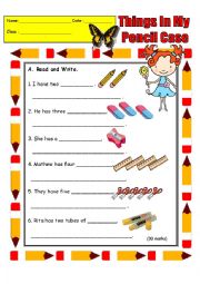 English Worksheet: Things In My Pencil Case For Elementary