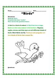 English Worksheet: Birds- Reading comprehension