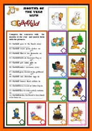 English Worksheet: MONTHS OF THE YEAR WITH GARFIELD � KEY INCLUDED - EDITABLE