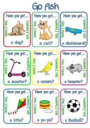English Worksheet: Go fish - Have you got..?/Has she got ...?/Has he got ...? + pets & toys (1/3)