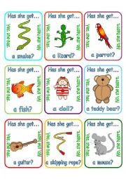English Worksheet: Go fish - Have you got..?/Has she got ...?/Has he got ...? + pets & toys (2/3)