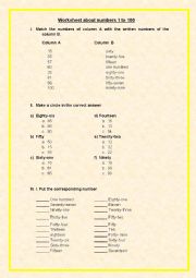 worksheet numbers 1 to 100