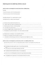 English Worksheet: defining and non defining relative clauses