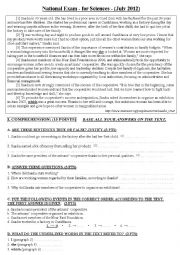 English Worksheet:  National Exam - for sciences - (July 2012)