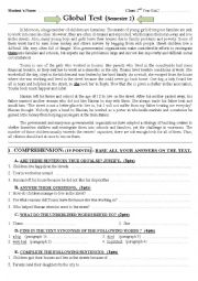 English Worksheet: English Global test -1- for 2nd year BAC students (in Morocco)