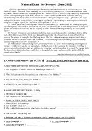 English Worksheet:  National Exam - for sciences - (June 2012)