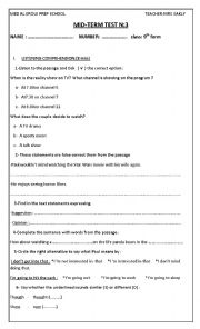 English Worksheet: Mid-Term test N3 9th form