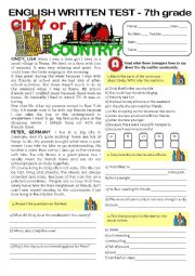 English Worksheet: CITY vs COUNTRYLIFE - TEST (7th grade) key included