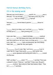 English Worksheet: Horrid Henrys Birthday Party