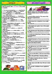English Worksheet: Review 4: articles & relative clauses (+ key)
