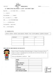 English Worksheet: tests A and B verb to be, countries, continents and cities
