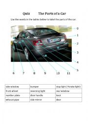 English Worksheet: Parts of a Car, Quiz