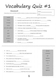English Worksheet: Vocabulary Quiz #1 (Elementary B)