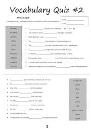 English Worksheet: Vocabulary Quiz #2 (Elementary B)
